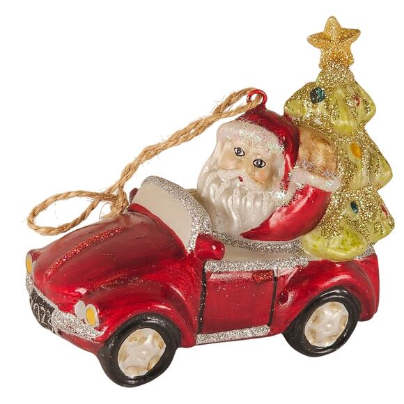 Santa in Red Convertible Car Ornament w/ Christmas Tree 2023 Glitter Holiday - Picture 1 of 14